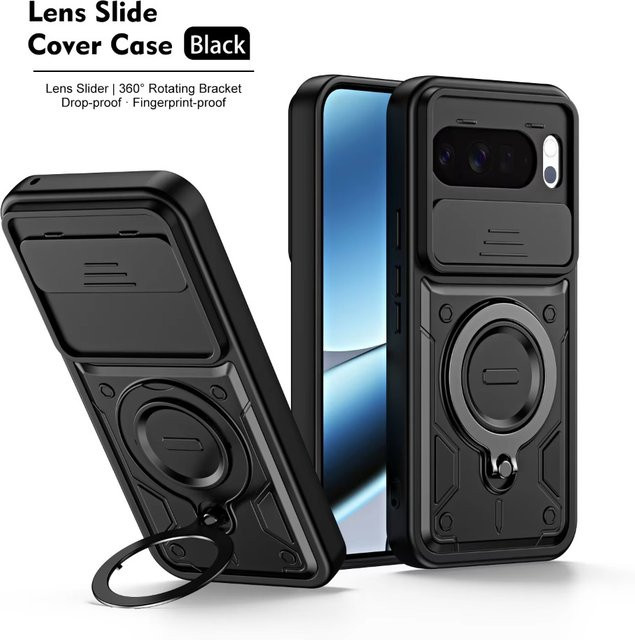 Stoßfeste Hybrid-Doppelschicht-Hülle mit magnetischem Metallringständer und Schiebe-Kameralinsenschutz für Google Pixel 10 Pro XL in Schwarz - Bild 1