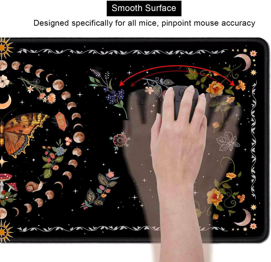 Gothic Moth & Moon Phases Mauspad Schwarz/Orange mit Blumen-Design für Gaming und Büro - Bild 6