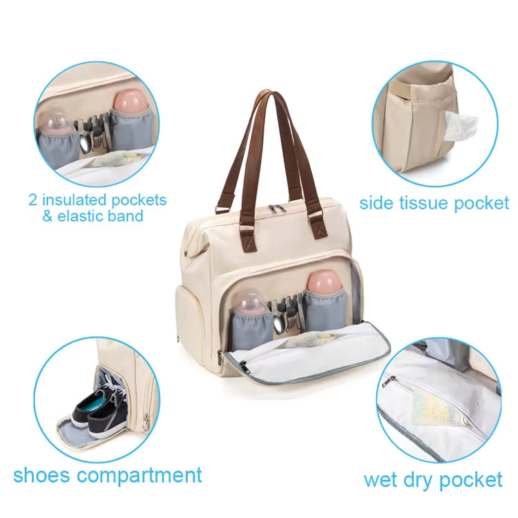 PANGDUBE 3-teiliges Wickeltaschen-Set bestehend aus Rucksack mit großem Fassungsvermögen, Gepäckhülle und Schuhfach sowie isolierter Tasche in Beige und Weiß - Bild 3