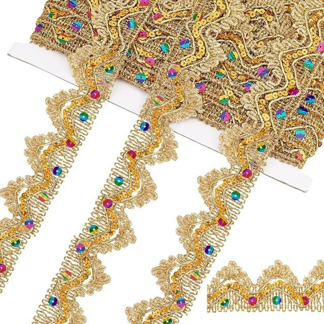 Goldener Pailletten-Spitzenbesatz mit Perlen und metallischem Vintage-Effekt, Breite: 3,81 cm, Länge: 8,96 m - Bild 1