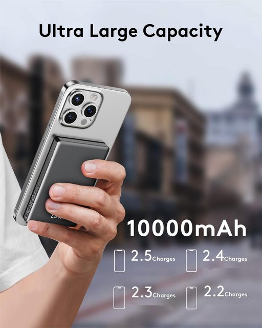 Magnetische Powerbank 10000mAh mit 15W kabellosem Laden und 20W Schnellladefunktion, USB-C und USB-A Ausgänge, Tragbarer Akku für iPhone in Schwarz oder Grau - Bild 1
