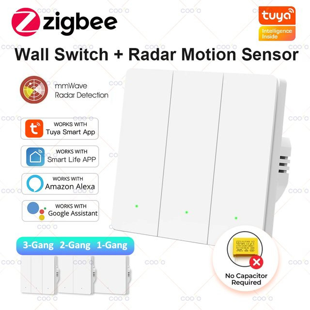 Tuya Coolo ZigBee Smart Lichtschalter mit Radar-Bewegungssensor in Weiß, ohne Neutralleiter, kompatibel mit Alexa und Google Assistant - Bild 1