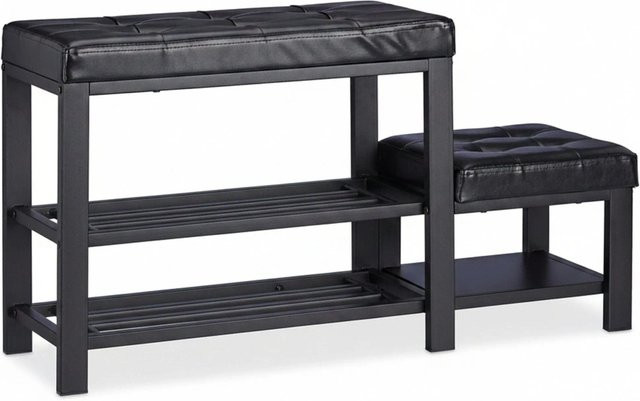 Relaxdays Schuhbank mit Hocker in Schwarz, 2 Ebenen, Kunstleder und Metall, B/T/H: 90,5 x 50 x 30,5 cm - Bild 1
