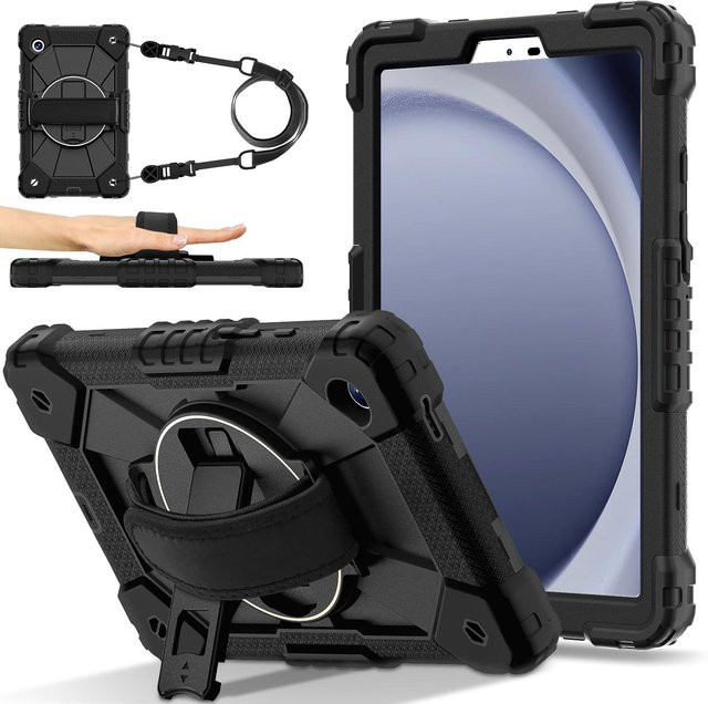 Robuste Armor Schutzhülle für Samsung Galaxy Tab A9 8.7 SM-X110 SM-X115 SM-X117 mit drehbarem Ständer und Schultergurt in Schwarz - Bild 1