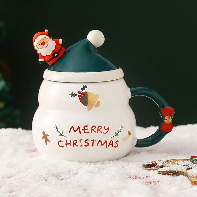 Keramiktasse mit Deckel und Löffel von Yiran Furniture, weißer Schneemannbecher mit 450,5 ml Fassungsvermögen - Bild 1
