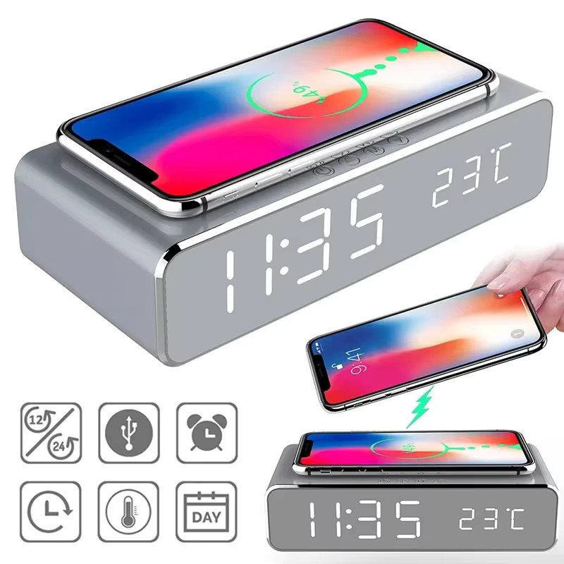 VIKEFON Kabellose Ladestation mit LED Digitalwecker, Thermometer und Schnellladegerät für iPhone und Samsung in Schwarz - Bild 2