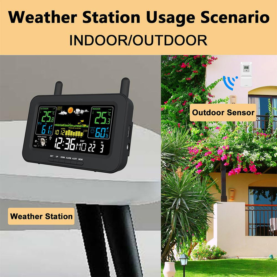 Neoglint Drahtlose Wetterstation mit LCD-Farbdisplay für Innen und Außen, Temperatur und Luftfeuchtigkeit, Schwarz - Bild 4