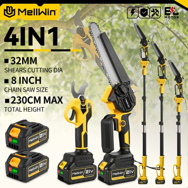 MELLWIN 4-in-1 Gartenpflegewerkzeug Set mit Teleskopstab, 8-Zoll-Kettensäge und 32-mm-Gartenschere in Gelb für Makita 18V Akku LXT - Bild 1