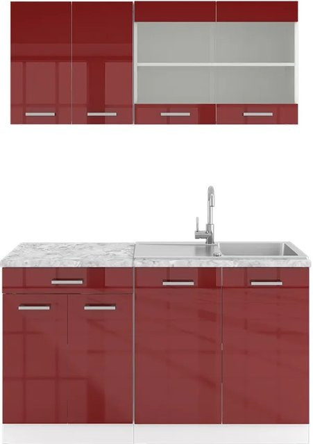 Vicco R-Line Singleküche Einbauküche in Rot Bordeaux Hochglanz und Weiß mit 140 cm Breite - Bild 2