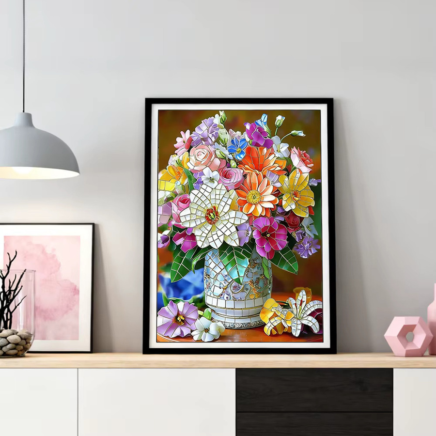 HUACAN Diamantmalerei Blumen-Mosaik 5D DIY Kunst Wanddekoration mit Rosen, Lilien und Gänseblümchen, Mehrfarbig, Rund, Breite: 20 cm, Tiefe: 20 cm, Höhe: 30 cm - Bild 2