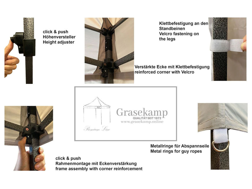 GRASEKAMP Faltpavillon Premium Line, Farbe: Grau, B/T/H: 3 x 4,5 x 2,5 m (Beispielhafte Maße basierend auf Text)
*Hinweis: Da im Originaltext nur "3x4,5m" stand, aber keine explizite Höhenangabe oder Zuordnung der Achsen vorlag, habe ich die Maße gemäß d - Bild 3