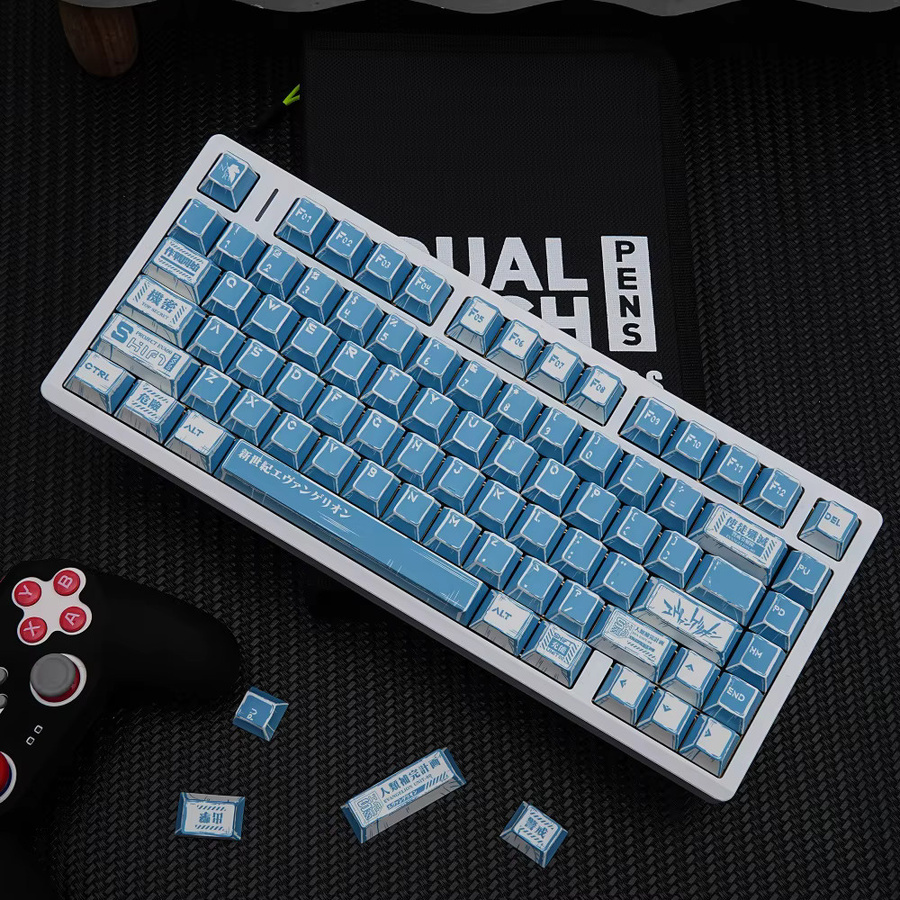 Eagiacme PBT Cherry-Tastenkappen im Retro EVA00 Mixed Light Deep Well Samurai Design für mechanische Tastaturen, ISO-Layout, Farben: Grün, Rot, Blau - Bild 2