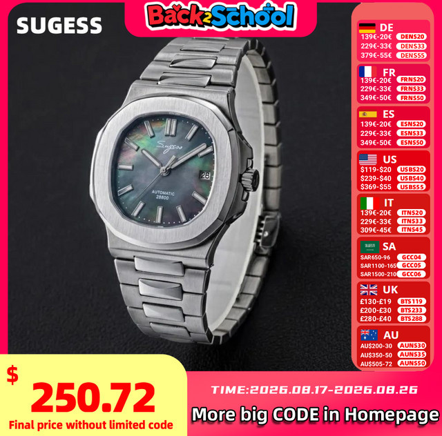 Sugess Armbanduhr Automatik, Edelstahl, Silber, Herren - Bild 1