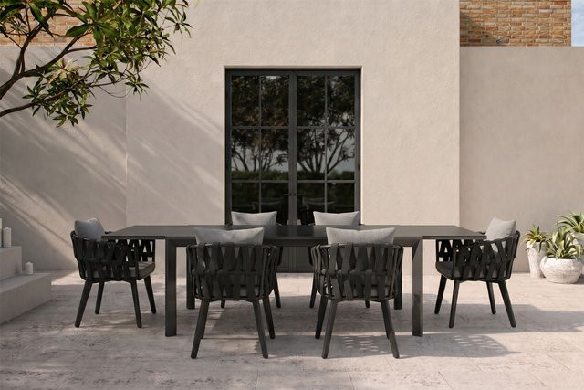 OUTFLEXX Garten-Essgruppe aus Aluminium und Glaskeramik in Anthrazit mit Ausziehtisch und 6 Sesseln - Bild 1