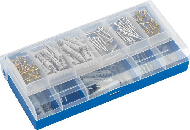 LUX-TOOLS Schrauben- und Dübelset, 180-teilig, verzinkt, Farben: Weiß, Gelb, Grau - Bild 1