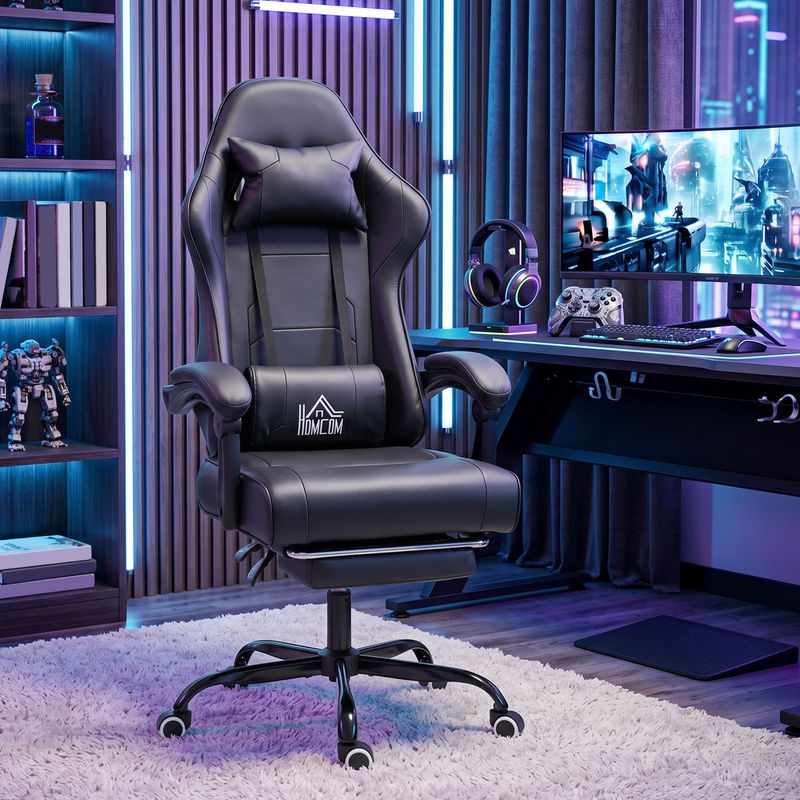 HOMCOM Ergonomischer Gaming-Stuhl in Schwarz mit Fußstütze, Kopfstütze und massierendem Lendenkissen, B/T/H: 63 x 66 x 126-134 cm - Bild 2