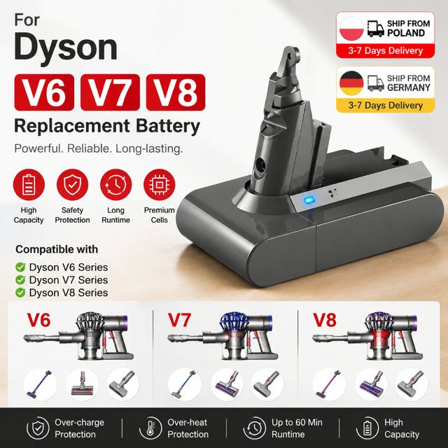 DAGENLY Hochleistungs-Ersatzakku für Dyson V6 V7 V8 V10 V11 kabellose Staubsauger, Li-Ionen-Akku mit 4800mAh, kompatibel mit SV03 SV10 SV11 SV12 SV14 SV15 DC31A DC34B DC62 - Bild 1