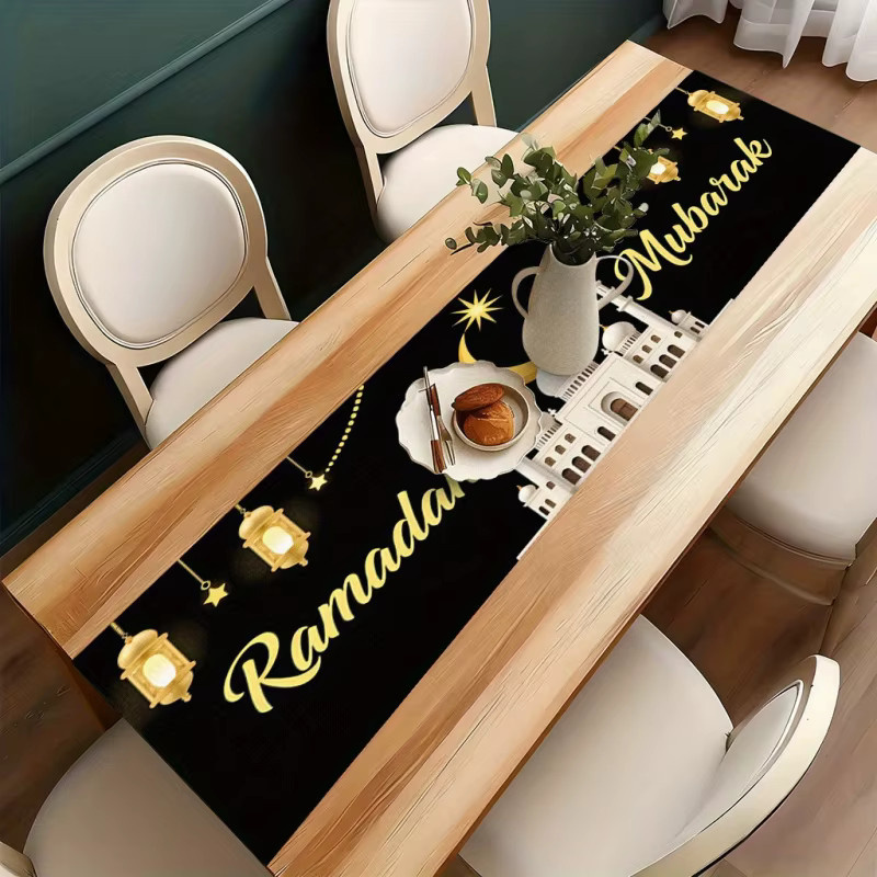 VIKAMA Tischläufer Ramadan in Schwarz-Gold mit Heißprägung, orientalisches Design aus Leinen, B/H: 90 x 33 cm - Bild 3
