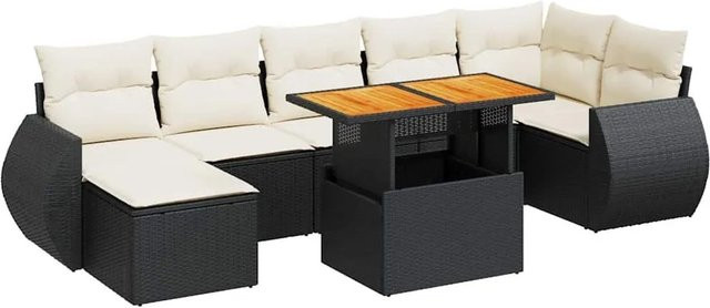 vidaXL 8-teilige Garten-Sofagarnitur in L-Form aus Polyrattan und Akazienholz mit Kissen in Schwarz-Creme - Bild 1
