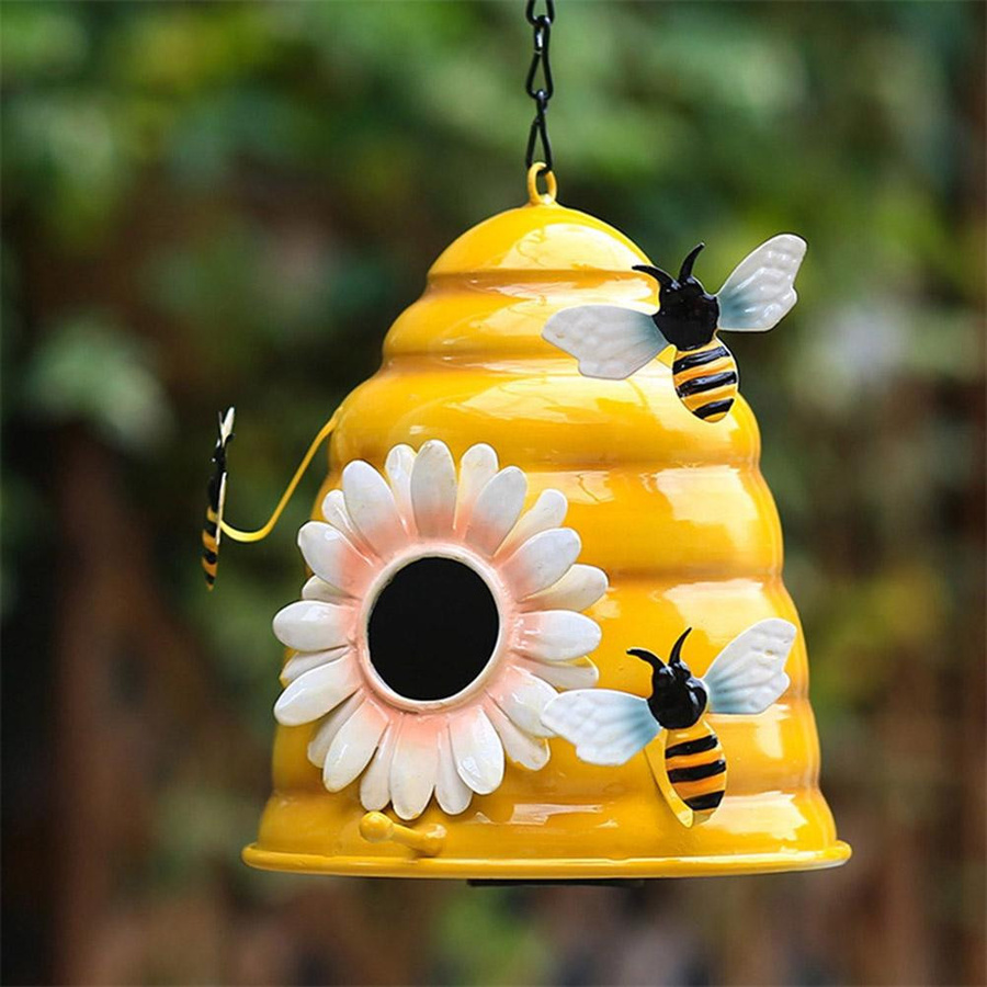 CosyHome Bienenkorb Vogelhaus aus Metall in Gelb für den Garten zum Aufhängen - Bild 2