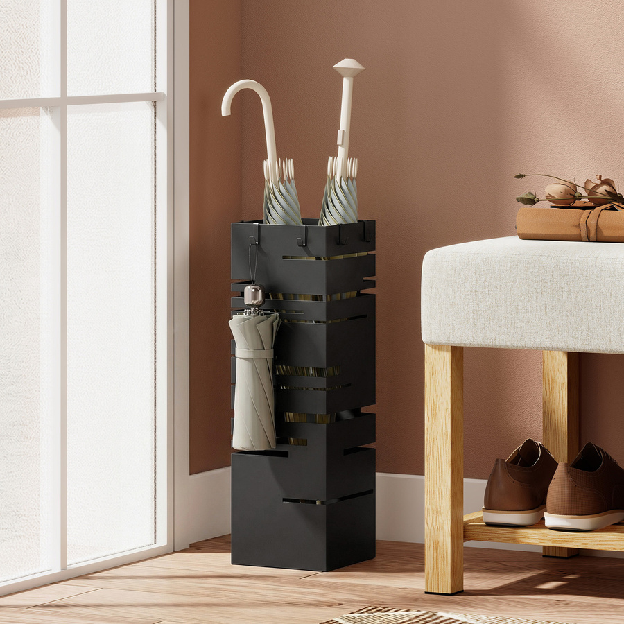 HOMCOM Regenschirmständer aus Metall in Schwarz mit abnehmbarer Wasserauffangschale und 4 Haken, B/T/H: 15,5 x 15,5 x 49 cm - Bild 2