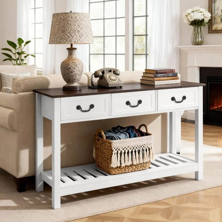 VEVOR Konsolentisch im Landhausstil mit Schubladen und Ablagefach, schmaler rechteckiger Sofatisch aus MDF und Spanplatte für Flur, Wohnzimmer oder Foyer, B/T/H: 120 x 30 x 80 cm, Braun + Weiß