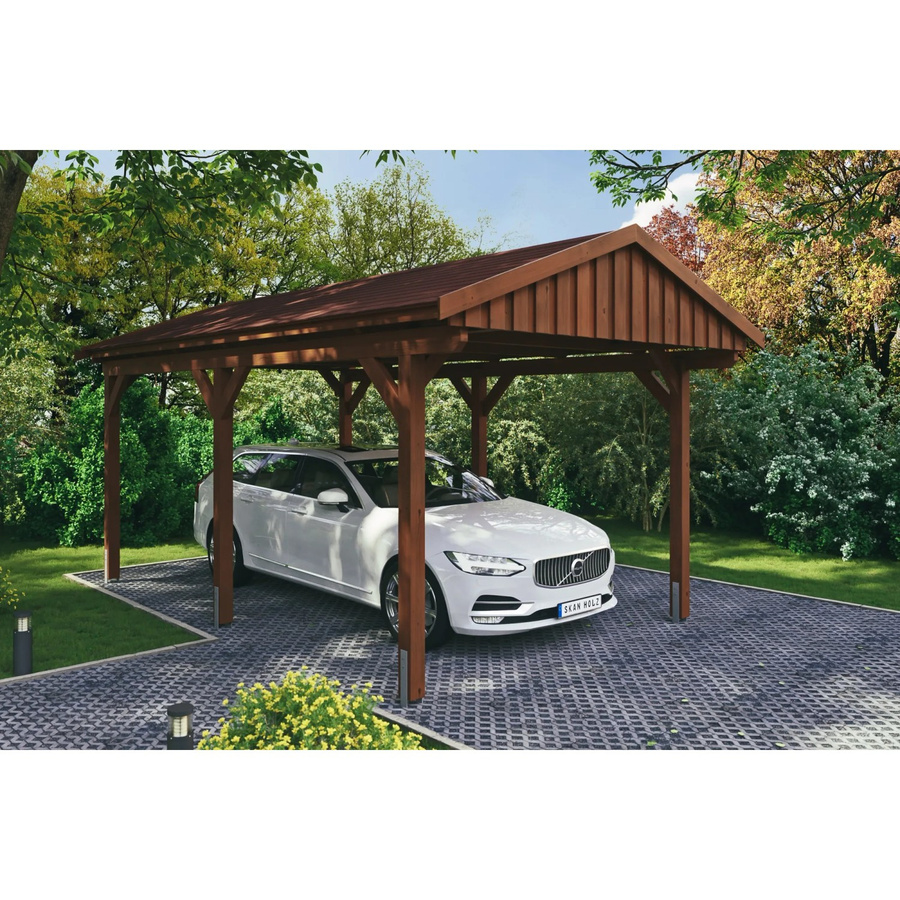 Skan Holz Carport Fichtelberg aus Fichte in Nussbaum Braun mit spitzer Dachform und Dachschindeln, B/T: 317 x 566 cm, Höhe: 303 cm - Bild 2