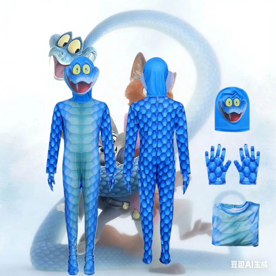 ZOBOTT Film Zoo 2 Snake Gary Cosplay Kostüm, Blauer Body mit Kopfbedeckung, Kapuze, Handschuhe, Unisex, Blau - Bild 2