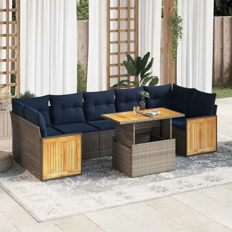 8-tlg. Garten-Sofagarnitur aus Poly-Rattan und Akazienholz mit Kissen in Grau von vidaxl - Bild 1
