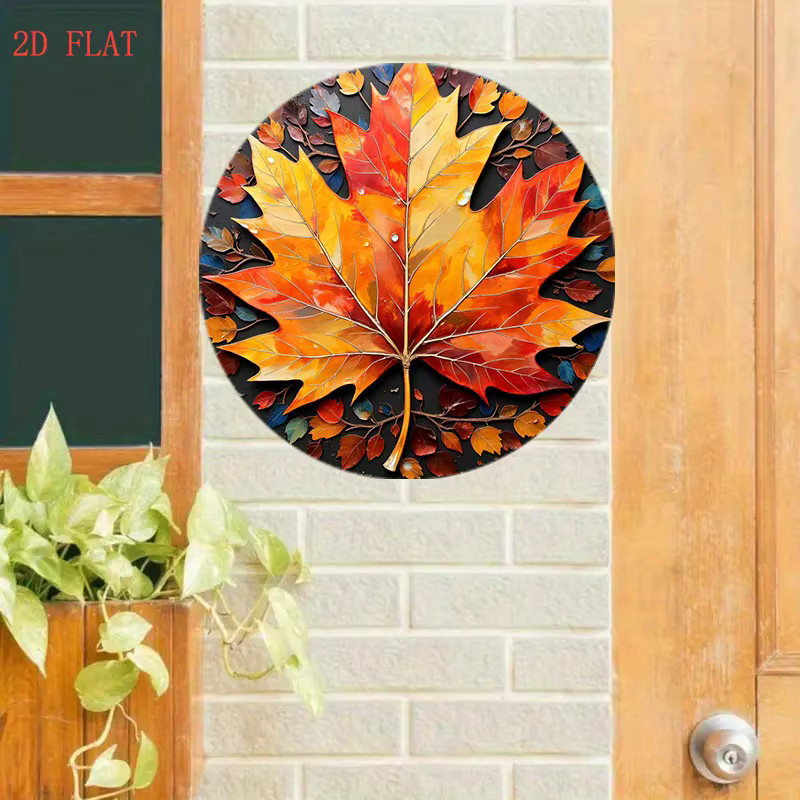 Rundes Aluminium-Wandschild von Potdemiel mit Herbst-Ahornblatt-Motiv in Rot, Orange und Gelb auf schwarzem Hintergrund, Durchmesser: 20,32 cm - Bild 3