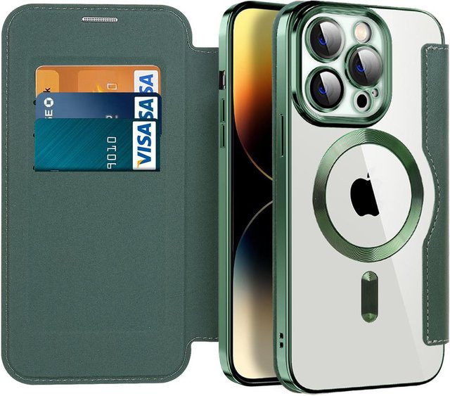 VA VA VOOM MagSafe Leder Flip Wallet Case für iPhone 14 13 12 11 Pro Max Plus mit transparenter Abdeckung in Dunkelgrün - Bild 1