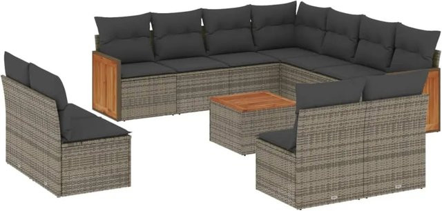 vidaXL 12-tlg Garten-Sofagarnitur aus Poly Rattan und Akazienholz in Grau mit Kissen Modell 53 - Bild 1
