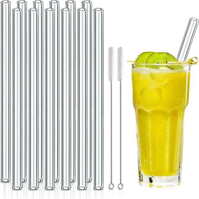 Set aus 12 wiederverwendbaren Glasstrohhalmen in Transparent, gerade, Länge: 20 cm, inklusive 2 Reinigungsbürsten für Getränke, Shakes und Milchtee - Bild 1
