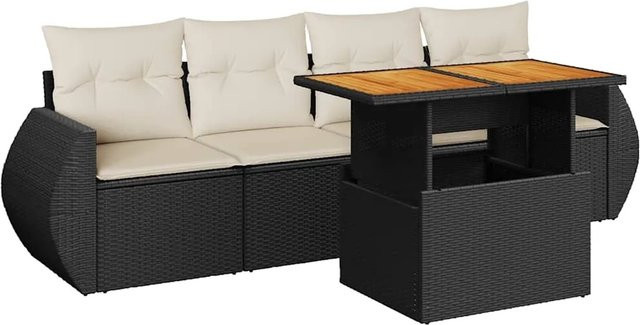 vidaXL 5-teilige Garten-Sofagarnitur aus Poly-Rattan und Akazienholz mit Kissen in Schwarz-Creme - Bild 1