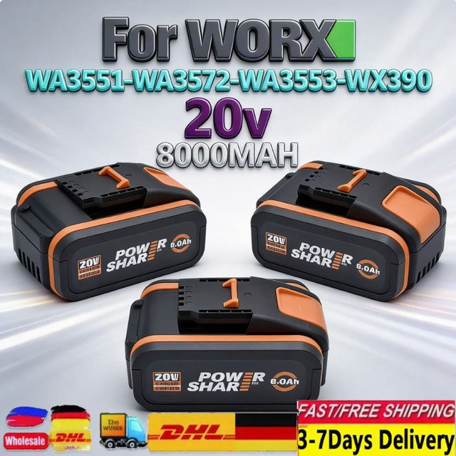 Worx Hochleistungs-Akku 20V Li-Ion Batterie mit 8,0Ah in Schwarz für WA3551, WA3553, WX176, WX550, WX386, WXINO 3, WXGAIN und WX800, WU268 - Bild 1