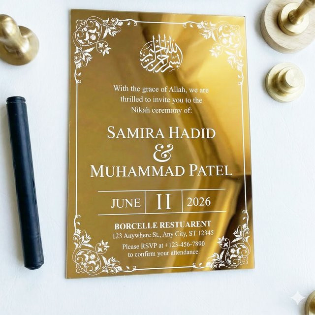 Personalisierte islamische Nikah-Einladungskarte von xiangfuju in Gold mit Koranvers, Acryl-Spiegel-Design, Breite: 12,7 cm, Höhe: 17,78 cm - Bild 1