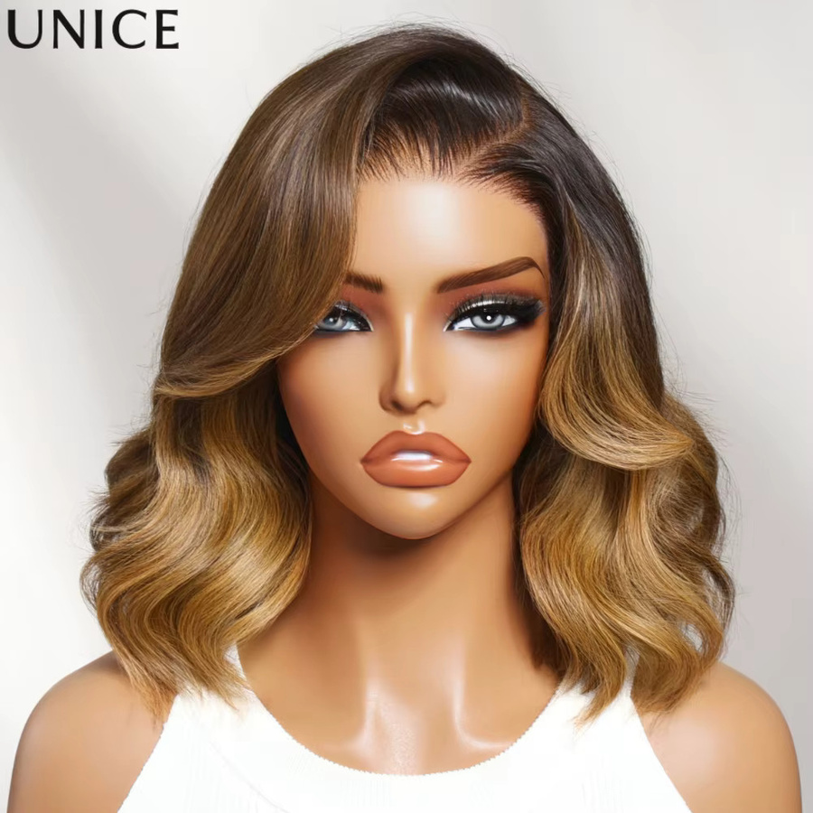 UNice Lace Frontal Wavy Bob Perücke, Schokoladenbraun mit goldenen Highlights, Echthaar - Bild 2