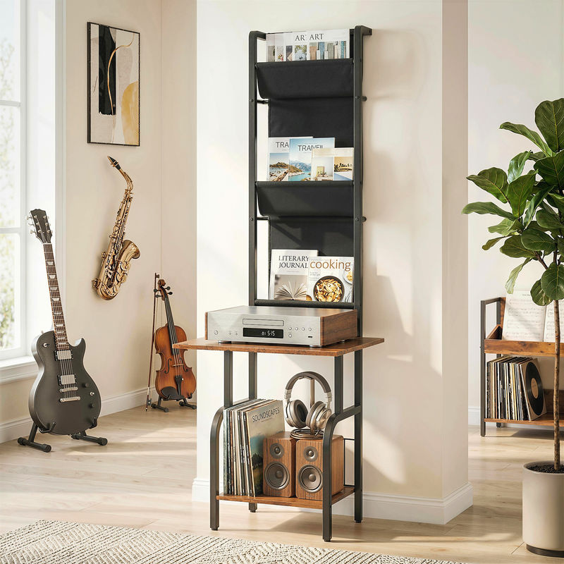 HOMCOM Medienregal für CDs, DVDs und Blu-rays in Rustikal-Braun mit 3 Stofftaschen und Tischplatte, B/T/H: 50 x 48,5 x 144 cm - Bild 2