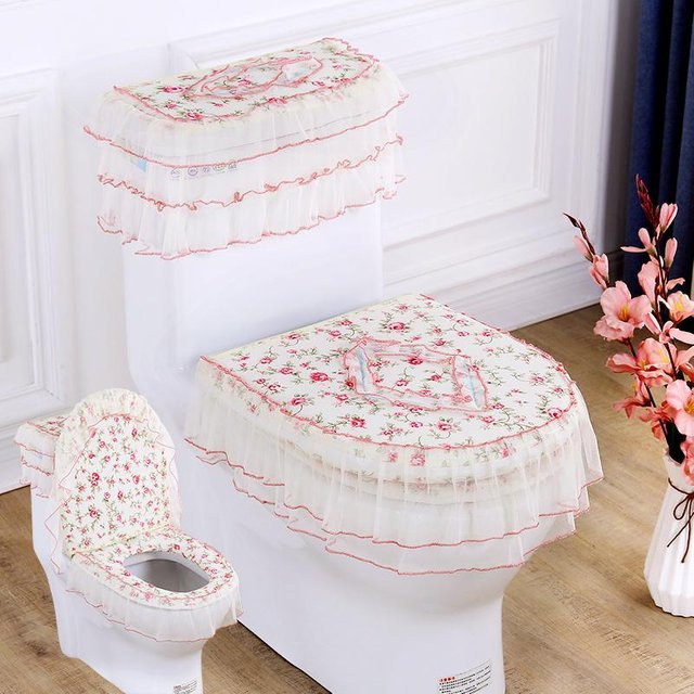 Super Six 3-teiliges Toilettenkissen-Set mit Spitze im Shabby Chic Design, abnehmbarer Toilettenbezug für WC-Deckel, floraler Stoff - Bild 1