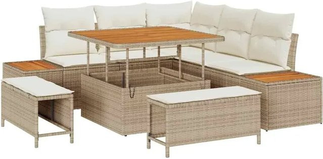 vidaXL Garten-Sofa-Set 8-teilig aus Poly Rattan und Akazienholz in Beige-creme mit Kissen und Metallrahmen - Bild 1