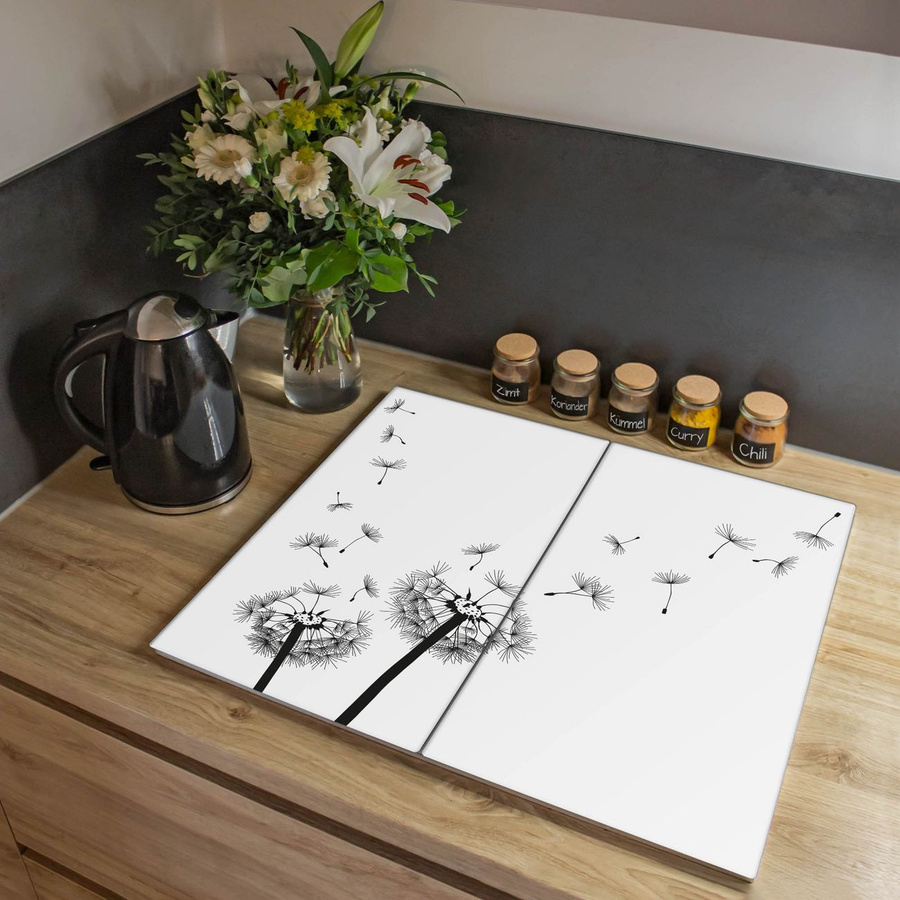 Banjado Herdabdeckplatte aus Glas zweiteilig mit Pusteblume Motiv, Farbe Weiß, B/T: 30 x 52 cm - Bild 1