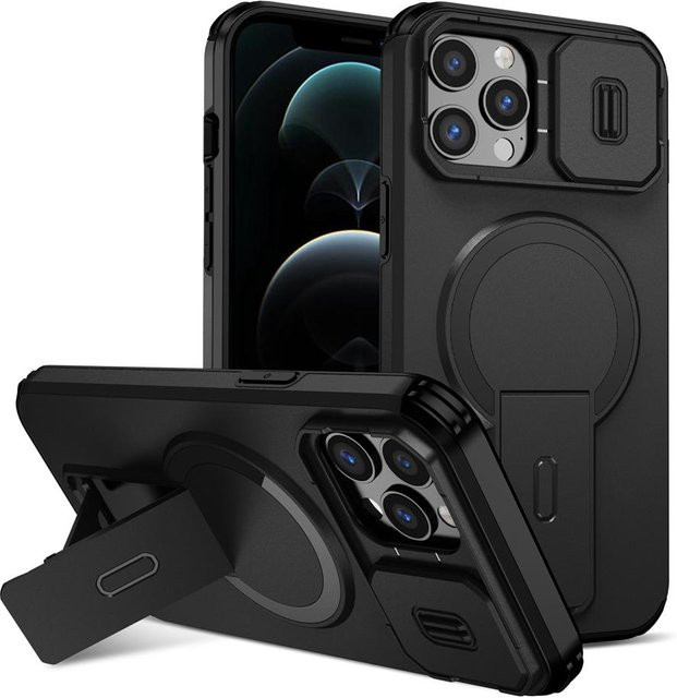 KEYSION Magnetische Schutzhülle für iPhone 11 und iPhone 12 Pro Max in Schwarz mit Schiebekameraobjektivschutz und integriertem Ständer sowie Unterstützung für kabelloses Laden - Bild 1