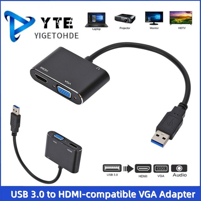 YIGETOHDE 3-in-1 USB 3.0 zu HDMI und VGA Konverter mit Audio, 1080P Auflösung, Schwarz - Bild 1