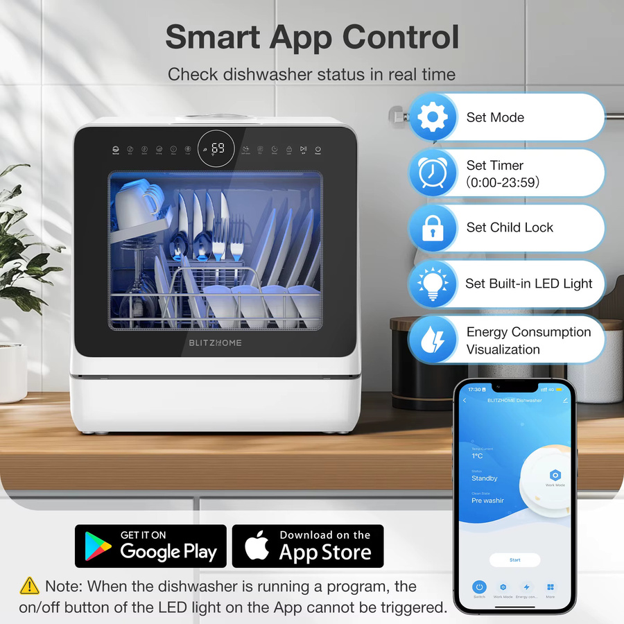BLITZHOME BH-4-CDW Kompakter intelligenter Arbeitsplatten-Geschirrspüler in Weiß mit APP-Steuerung, 8 Programmen, 3D 360 Grad Doppelspray und integriertem 5-Liter-Wassertank - Bild 3