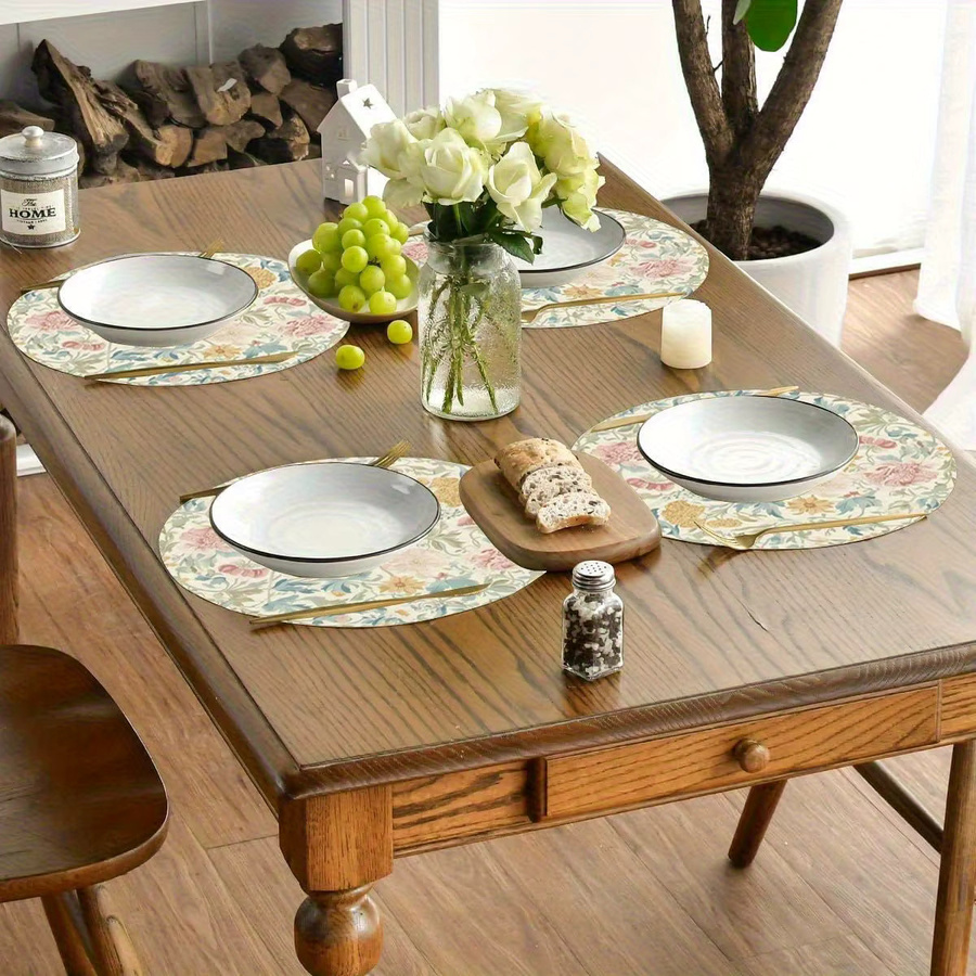 VIKAMA 4-teiliges Nachmittagstee-Tischset aus Leinen mit floralem Design, Mehrfarbig, Durchmesser: 38 cm - Bild 3