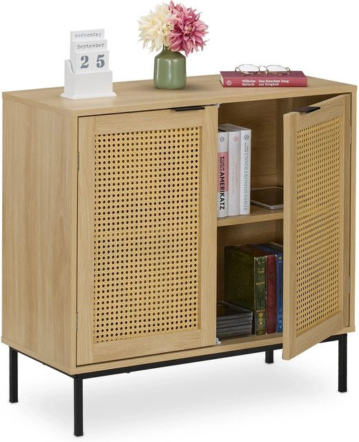 Relaxdays Sideboard aus Holzwerkstoff in Schwarz mit 2 Rattantüren, B/H/T: 80 x 76 x 35 cm - Bild 1
