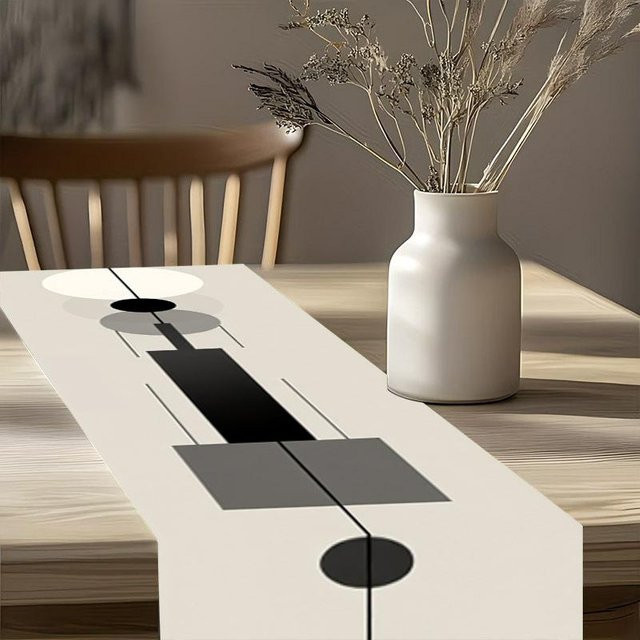 Moderner minimalistischer Tischläufer von JINGYUE Pet mit geometrischem Kunstdesign in Schwarz-Weiß-Grau, B/H: 40 x 140 cm - Bild 1