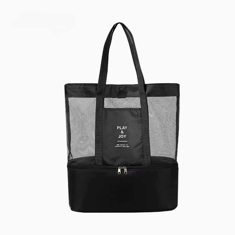 Aliwood Netz-Einkaufstasche mit Reißverschluss und isoliertem Boden in Schwarz, große wiederverwendbare Tasche mit Trocken- und Nasstrennung für Picknick, Strand und Reisen - Bild 3