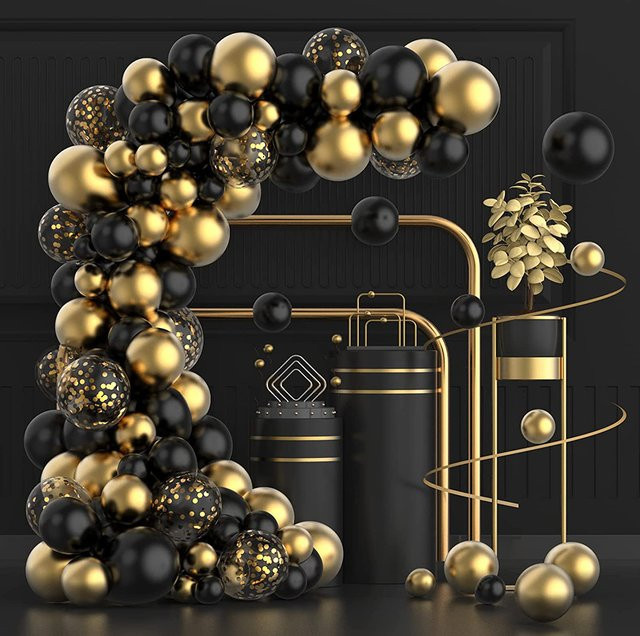 Surpsea Ballon-Girlandenbogen-Set in Schwarz und Gold mit metallischen Konfetti-Luftballons für Hochzeit, Geburtstag und Party-Dekoration - Bild 1