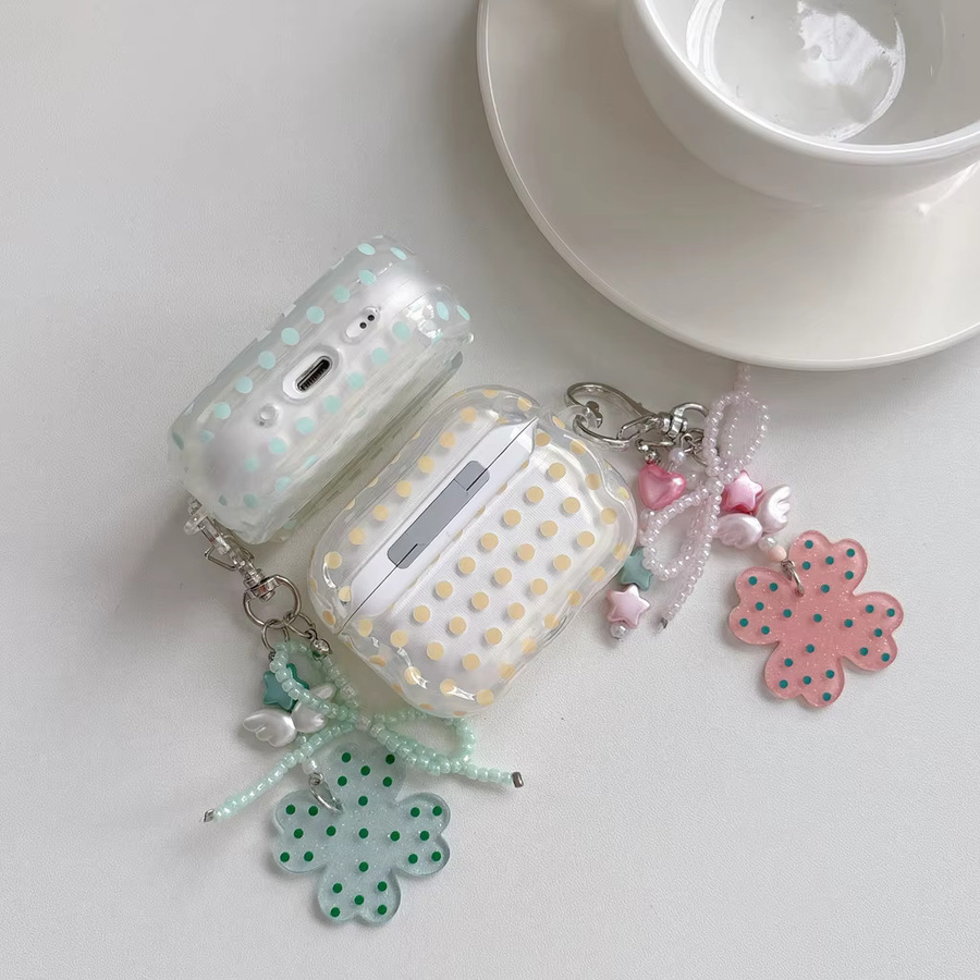 Transparente Schutzhülle für Apple AirPods 2 3 4 Pro Pro2 Pro3 mit Minzgrün und Gelbem Polka-Dot-Schleife-Glücksklee-Design - Bild 2